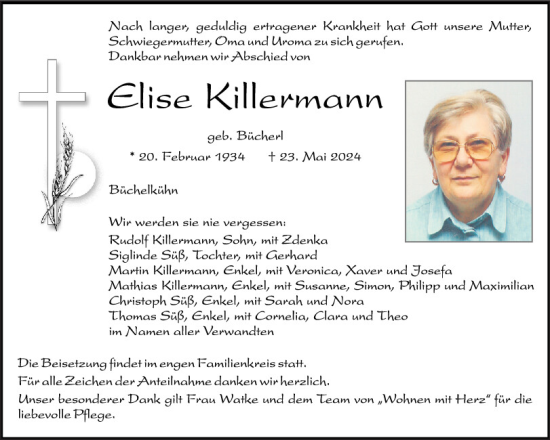 Traueranzeige von Elise Killermann von Mittelbayerische Zeitung Schwandorf