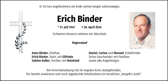 Traueranzeige von Erich Binder von Mittelbayerische Zeitung Regensburg