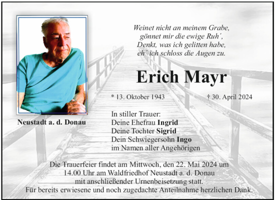 Traueranzeige von Erich Mayr von Mittelbayerische Zeitung Kelheim