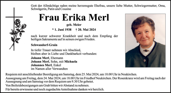 Traueranzeige von Erika Merl von Mittelbayerische Zeitung Schwandorf