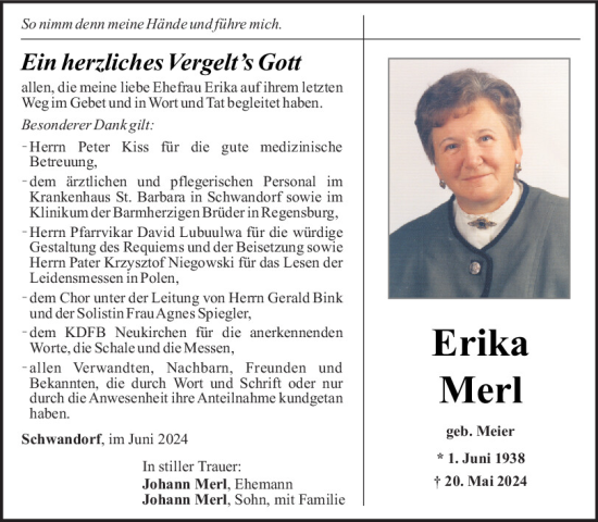 Traueranzeige von Erika Merl von Mittelbayerische Zeitung Schwandorf