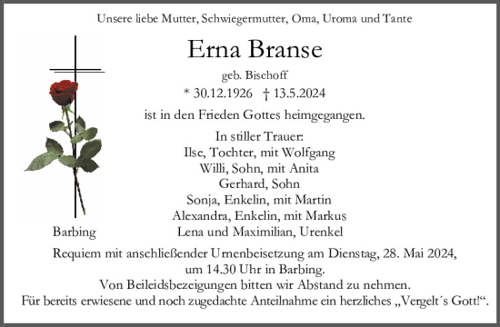 Traueranzeige von Erna Branse von Mittelbayerische Zeitung Regensburg