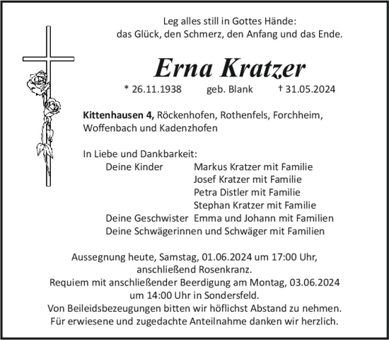 Traueranzeige von Erna Kratzer von Neumarkter Tagblatt