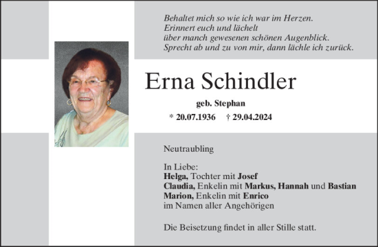 Traueranzeige von Erna Schindler von Mittelbayerische Zeitung Regensburg