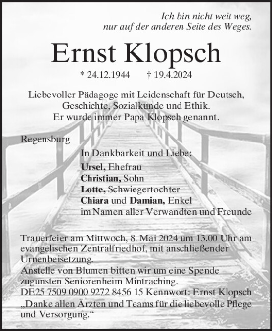 Traueranzeige von Ernst Klopsch von Mittelbayerische Zeitung Regensburg