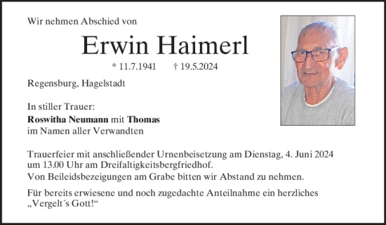 Traueranzeige von Erwin Haimerl von Mittelbayerische Zeitung Regensburg