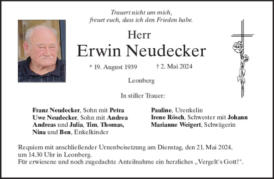 Traueranzeige von Erwin Neudecker von Mittelbayerische Zeitung Schwandorf