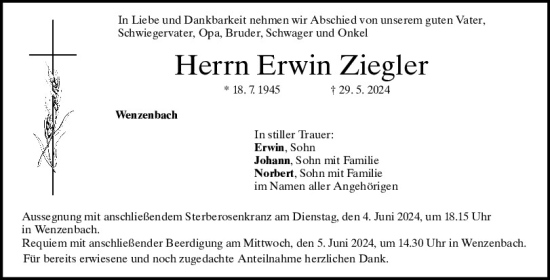 Traueranzeige von Erwin Sohn von Mittelbayerische Zeitung Regensburg