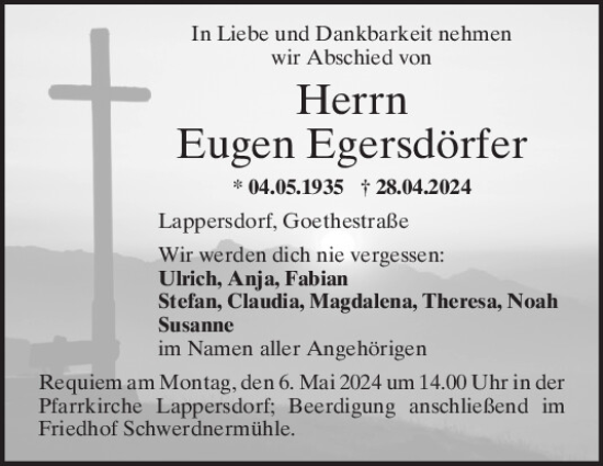 Traueranzeige von Eugen Egersdörfer von Mittelbayerische Zeitung Regensburg