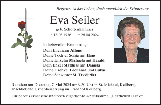 Traueranzeige von Eva Seiler von Mittelbayerische Zeitung Regensburg