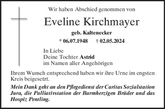 Traueranzeige von Eveline Kirchmayer von Mittelbayerische Zeitung Regensburg