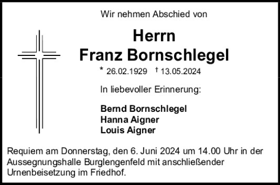Traueranzeige von Franz Bornschlegel von Mittelbayerische Zeitung Schwandorf