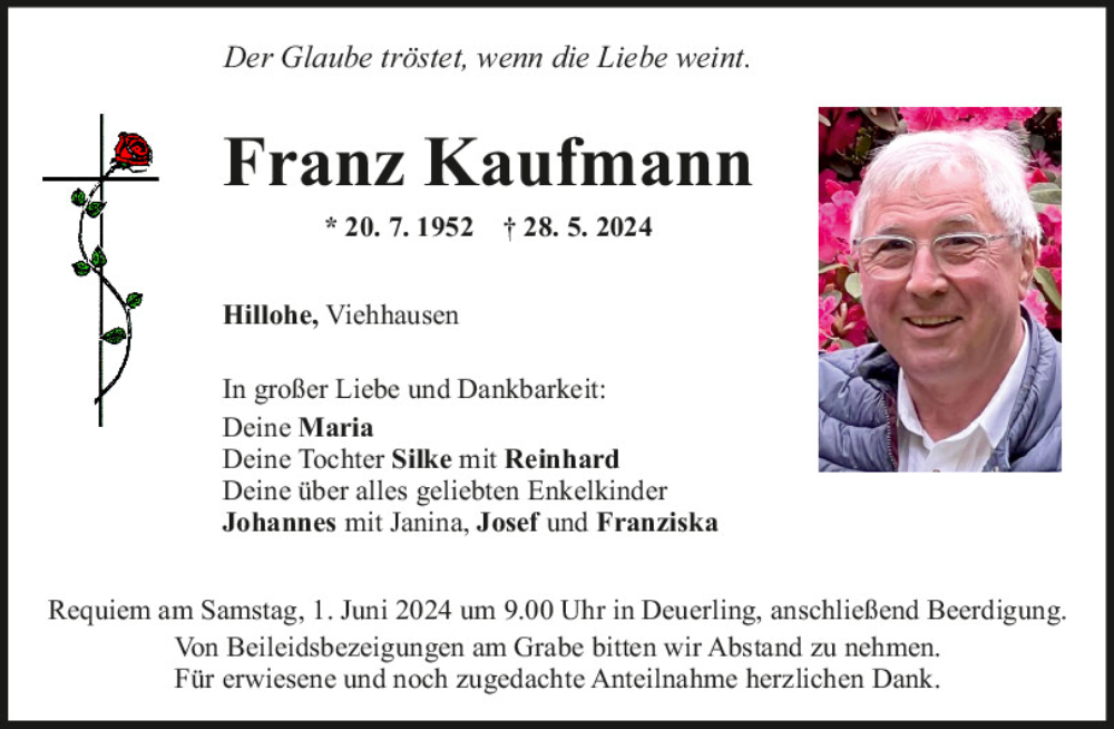  Traueranzeige für Franz Kaufmann vom 30.05.2024 aus Mittelbayerische Zeitung Regensburg