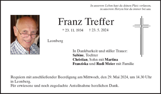 Traueranzeige von Franz Treffer von Mittelbayerische Zeitung Schwandorf