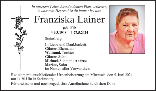 Traueranzeige von Franziska Lainer von Mittelbayerische Zeitung Regensburg