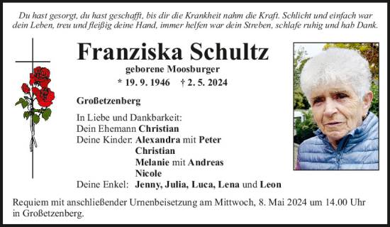 Traueranzeige von Franziska Schultz von Mittelbayerische Zeitung Regensburg