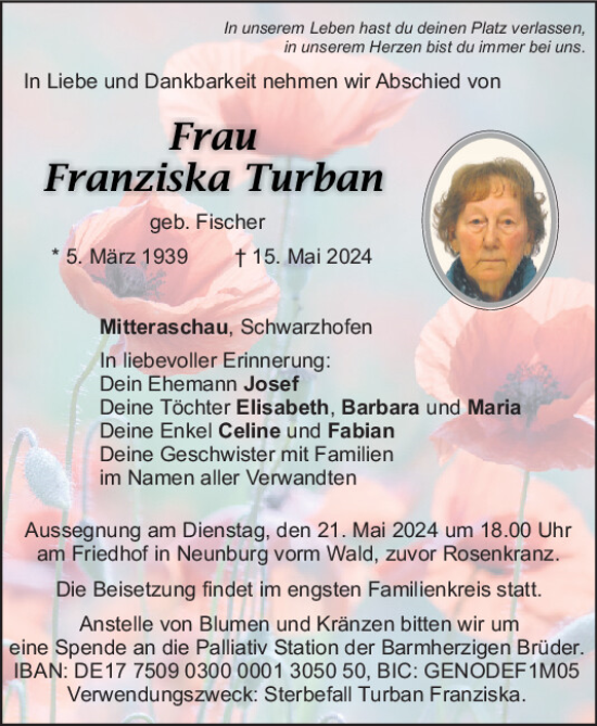 Traueranzeige von Franziska Turban von Mittelbayerische Zeitung Schwandorf