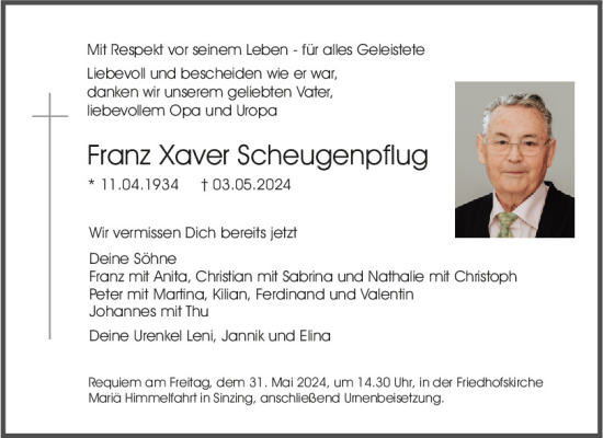 Traueranzeige von Franz Xaver Scheugenpflug von Mittelbayerische Zeitung Regensburg