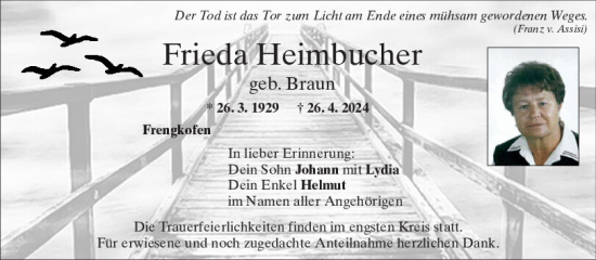 Traueranzeige von Frieda Heimbucher von Mittelbayerische Zeitung Regensburg