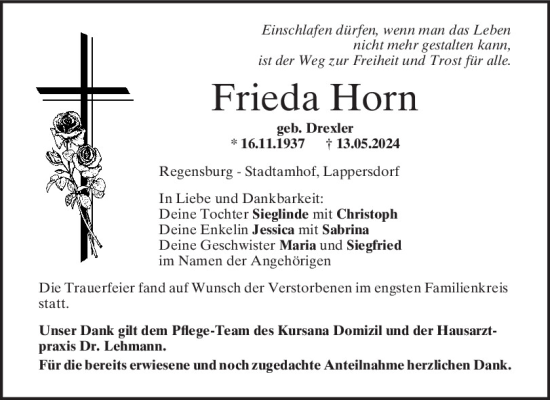 Traueranzeige von Frieda Horn von Mittelbayerische Zeitung Regensburg