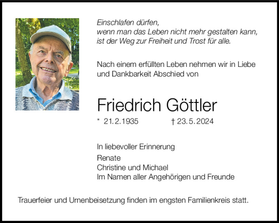Traueranzeige von Friedrich Göttler von Mittelbayerische Zeitung Kelheim