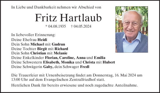 Traueranzeige von Fritz Hartlaub von Mittelbayerische Zeitung Regensburg