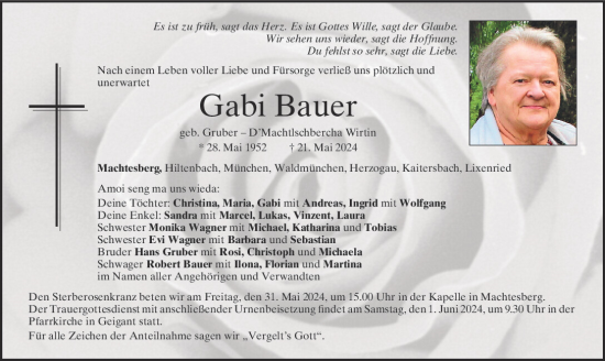 Traueranzeige von Gabi Bauer von Bayerwald Echo