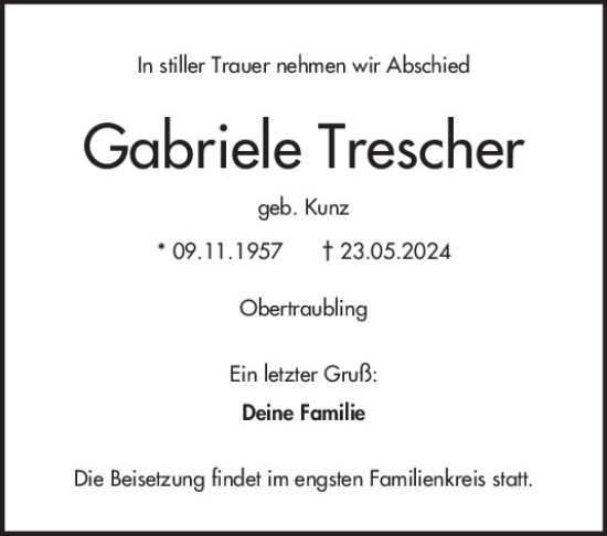 Traueranzeige von Gabriele Trescher von Mittelbayerische Zeitung Regensburg