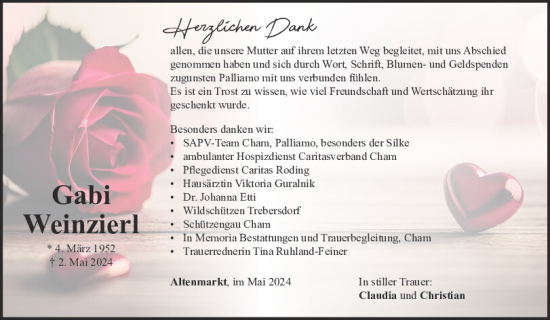 Traueranzeige von Gabriele Weinzierl von Bayerwald Echo