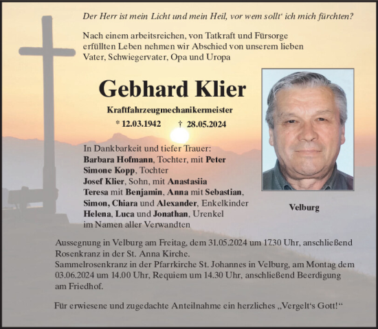 Traueranzeige von Gebhard Klier von Neumarkter Tagblatt