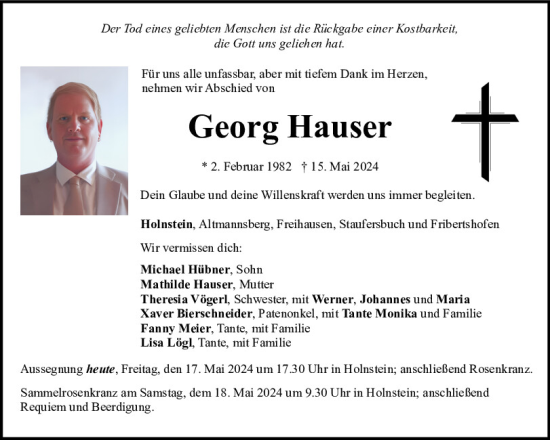 Traueranzeige von Georg Hauser von Neumarkter Tagblatt