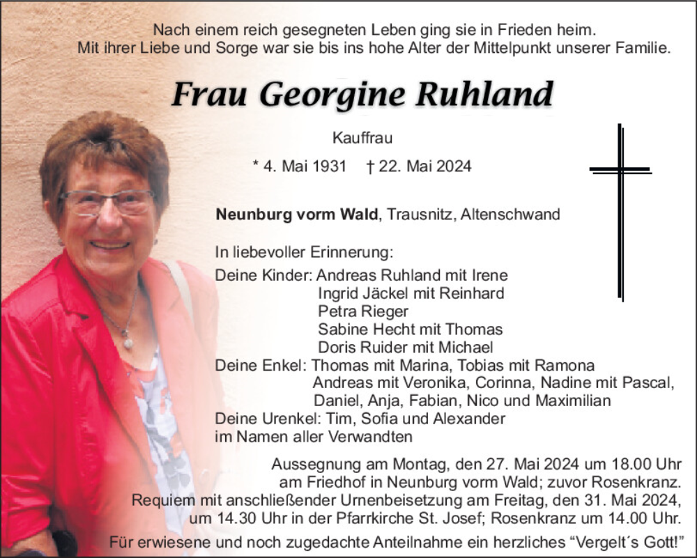  Traueranzeige für Georgine Ruhland vom 25.05.2024 aus Mittelbayerische Zeitung Schwandorf
