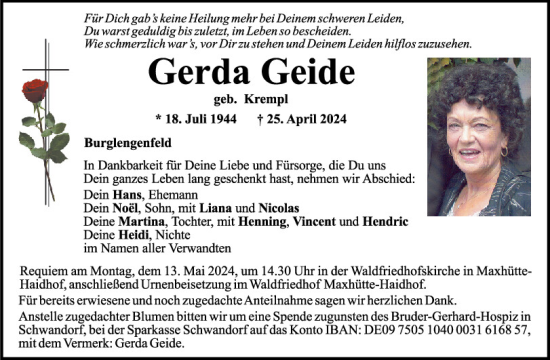 Traueranzeige von Gerda Geide von Mittelbayerische Zeitung Schwandorf