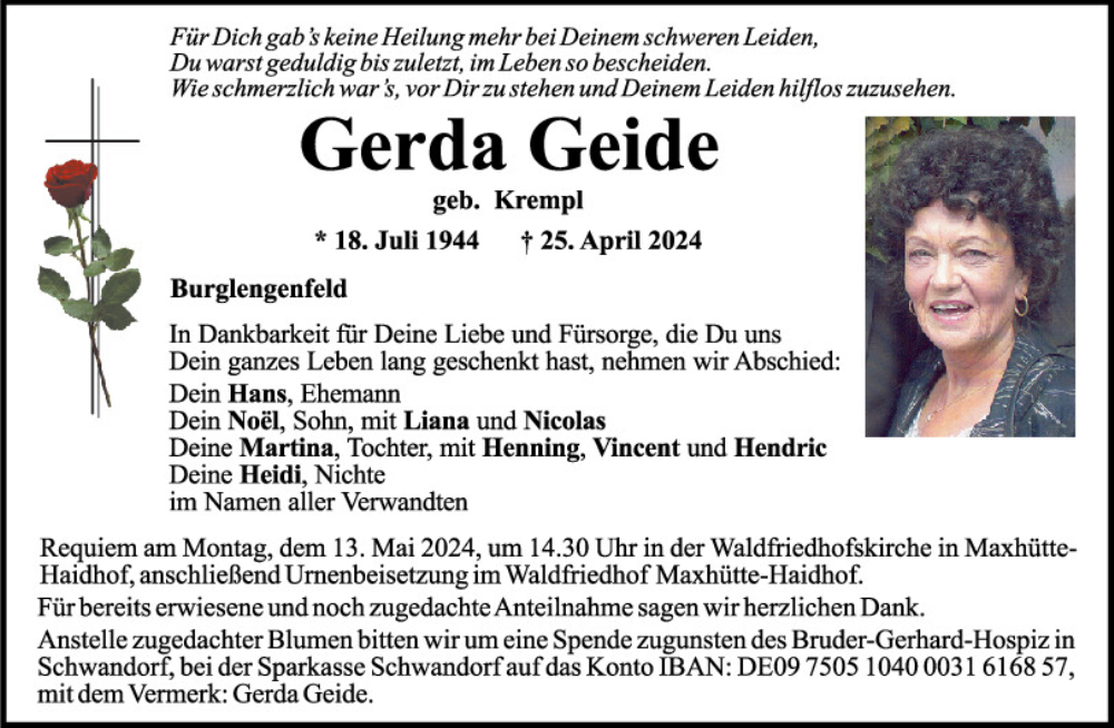  Traueranzeige für Gerda Geide vom 04.05.2024 aus Mittelbayerische Zeitung Schwandorf