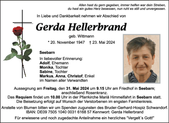 Traueranzeige von Gerda Hellerbrand von Mittelbayerische Zeitung Schwandorf