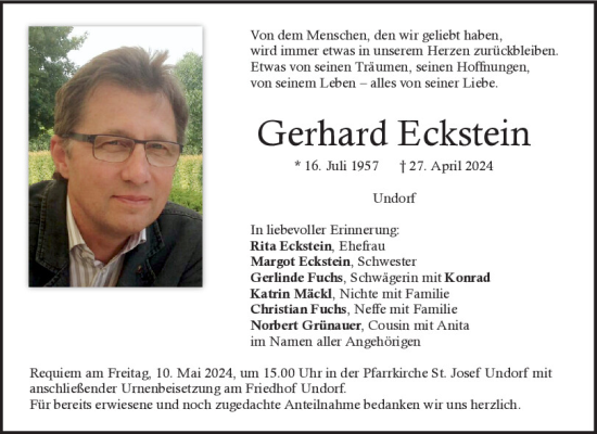 Traueranzeige von Gerhard Eckstein von Mittelbayerische Zeitung Regensburg