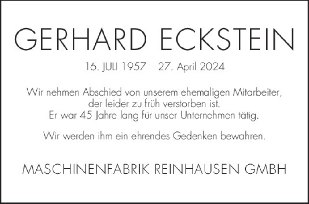  Traueranzeige für Gerhard Eckstein vom 04.05.2024 aus Mittelbayerische Zeitung Regensburg