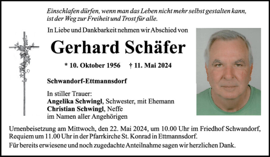 Traueranzeige von Gerhard Schäfer von Mittelbayerische Zeitung Schwandorf