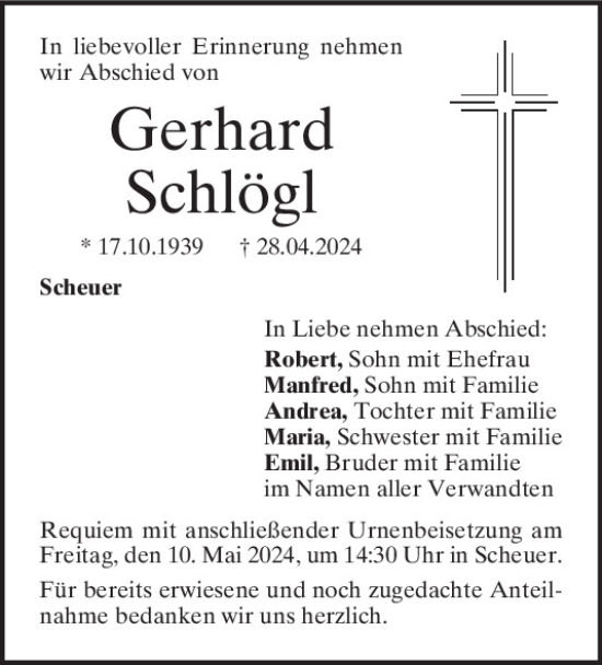 Traueranzeige von Gerhard Schlögl von Mittelbayerische Zeitung Regensburg