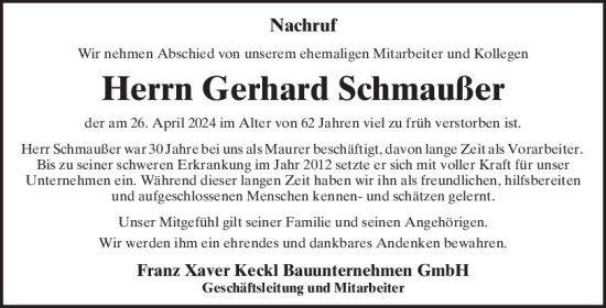 Traueranzeige von Gerhard Schmaußer von Neumarkter Tagblatt