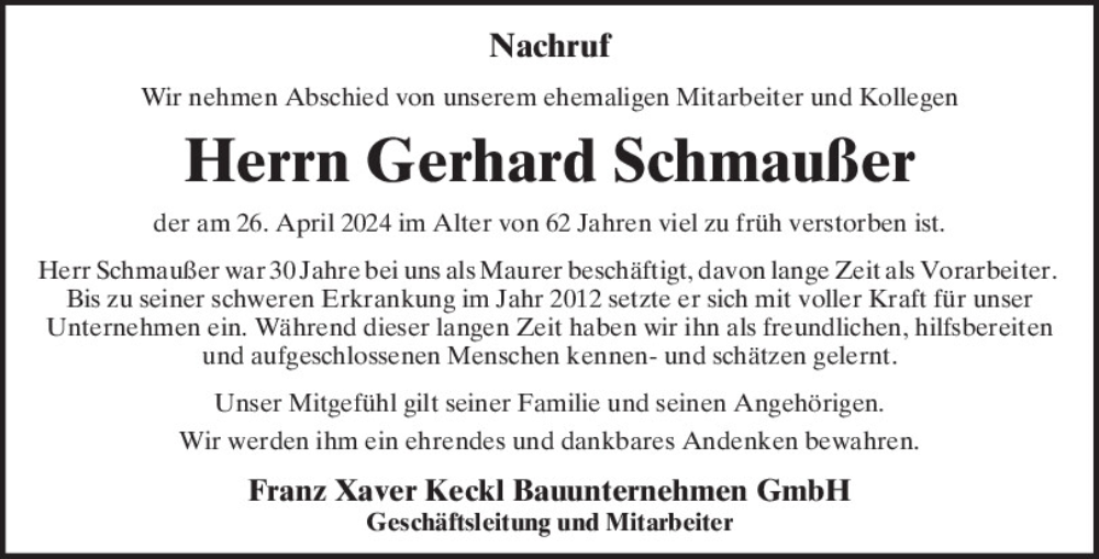  Traueranzeige für Gerhard Schmaußer vom 09.05.2024 aus Neumarkter Tagblatt