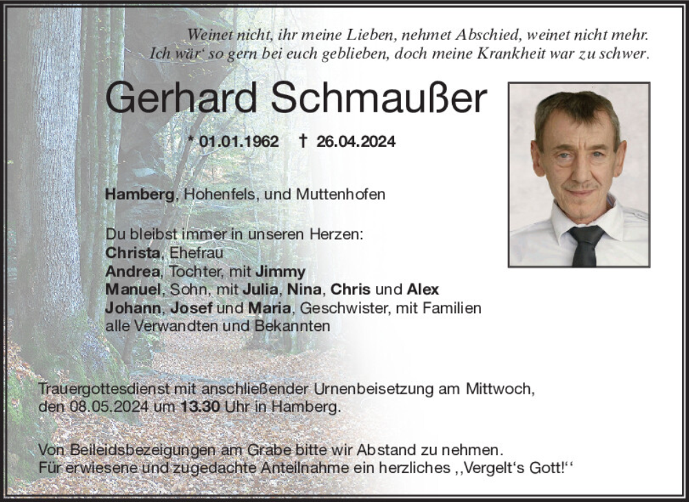  Traueranzeige für Gerhard Schmaußer vom 04.05.2024 aus Neumarkter Tagblatt