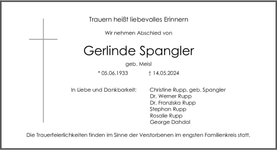 Traueranzeige von Gerlinde Spangler von Mittelbayerische Zeitung Regensburg