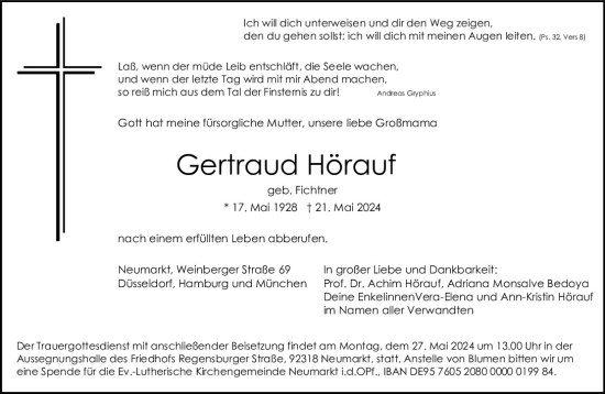 Traueranzeige von Gertraud Hörauf von Neumarkter Tagblatt