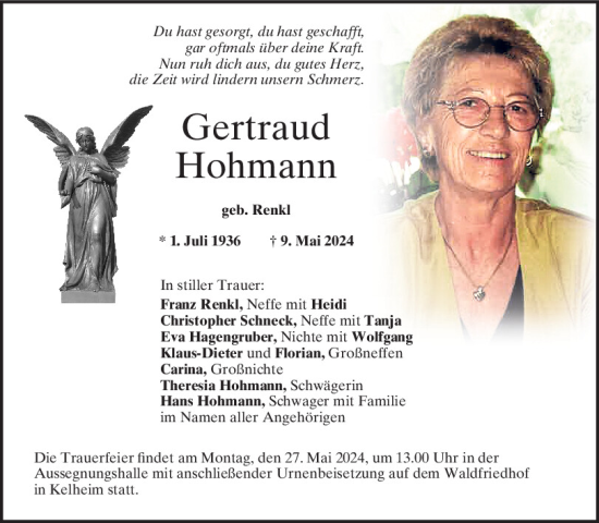Traueranzeige von Gertraud Hohmann von Mittelbayerische Zeitung Kelheim