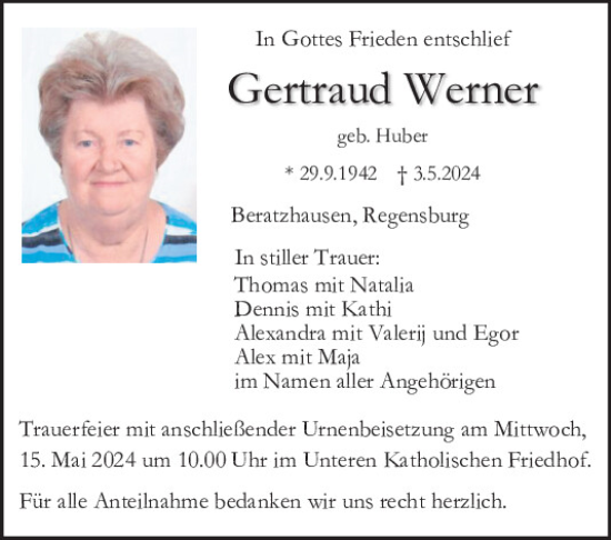 Traueranzeige von Gertraud Werner von Mittelbayerische Zeitung Regensburg