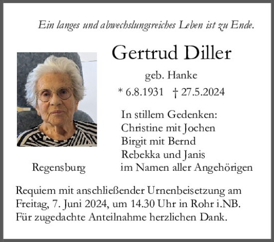 Traueranzeige von Gertrud Diller von Mittelbayerische Zeitung Kelheim