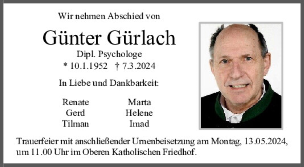  Traueranzeige für Günter Gürlach vom 04.05.2024 aus Mittelbayerische Zeitung Regensburg