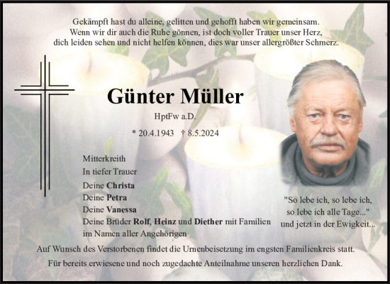 Traueranzeige von Günter Müller von Bayerwald Echo