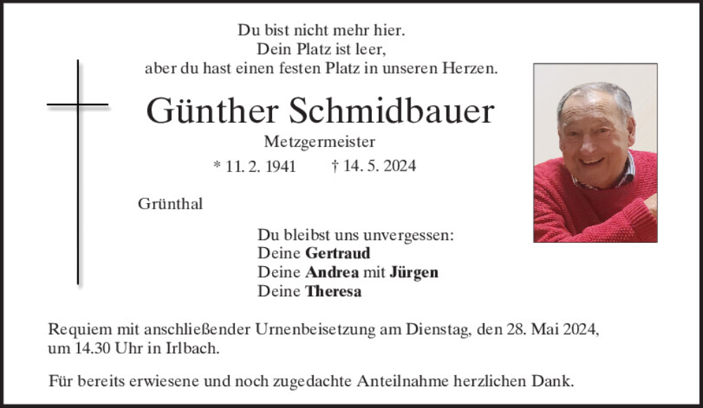  Traueranzeige für Günther Schmidbauer vom 25.05.2024 aus Mittelbayerische Zeitung Regensburg